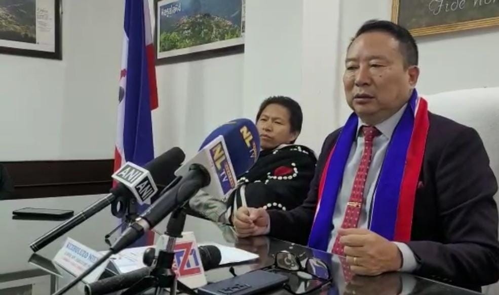 NPF MLAs Kuzholuzo (Azo) Nienu and Achumbemo Kikon addressing the press conference in Kohima on March 18.